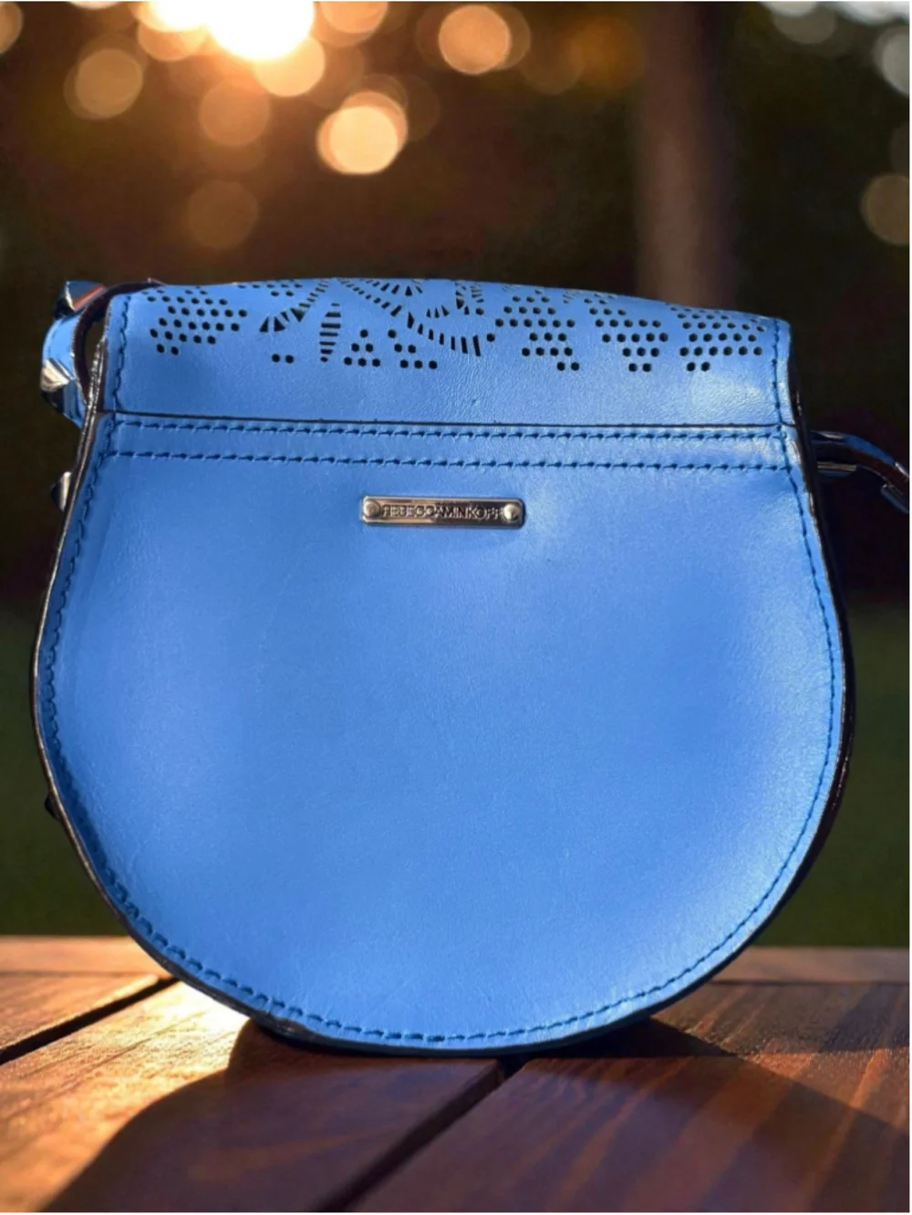Rebecca Minkoff Skylar Crossbody Bag in Cerulean Blue Laser-cut Leather